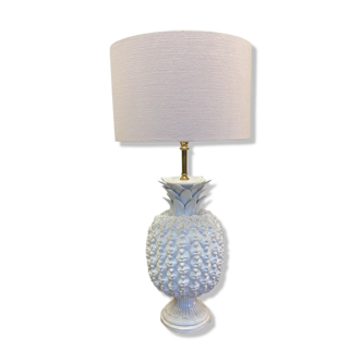 Lampe ananas laqué blanc Hollywood regency avec abat-jour rose