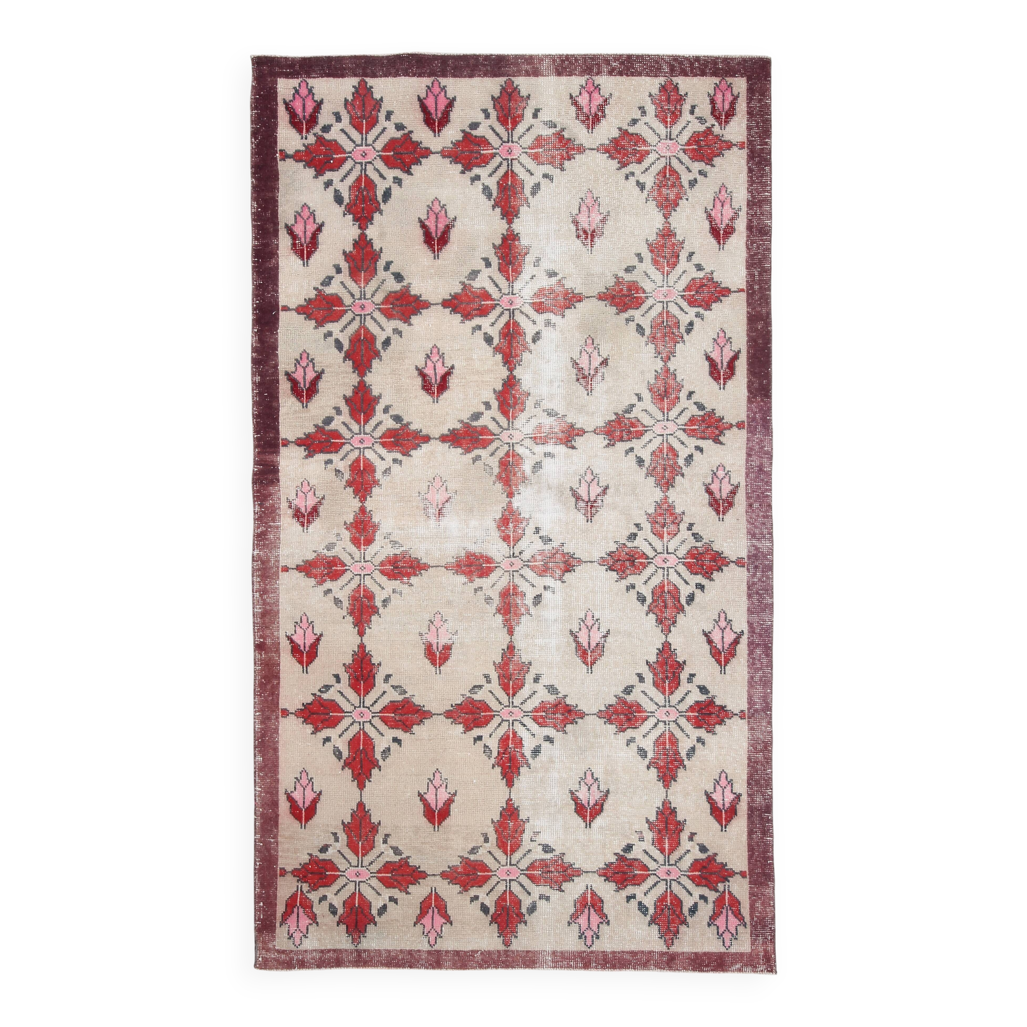 4x8 Star Pattern Burgundy Turkish Vintage Rug, 140x237Cm