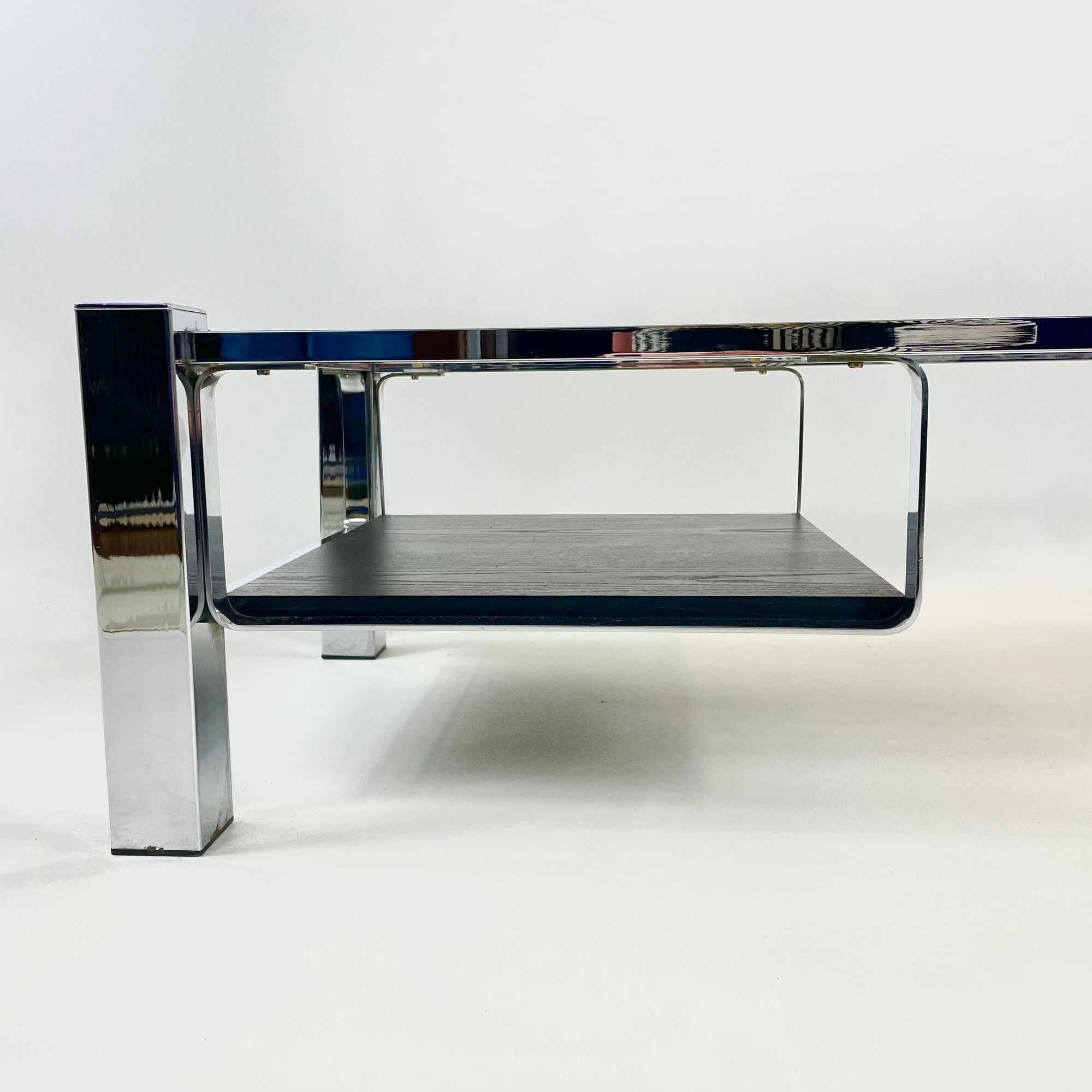 Belgo chrom chrome coffee table, smoked glass top and wooden undertray, circa 1980