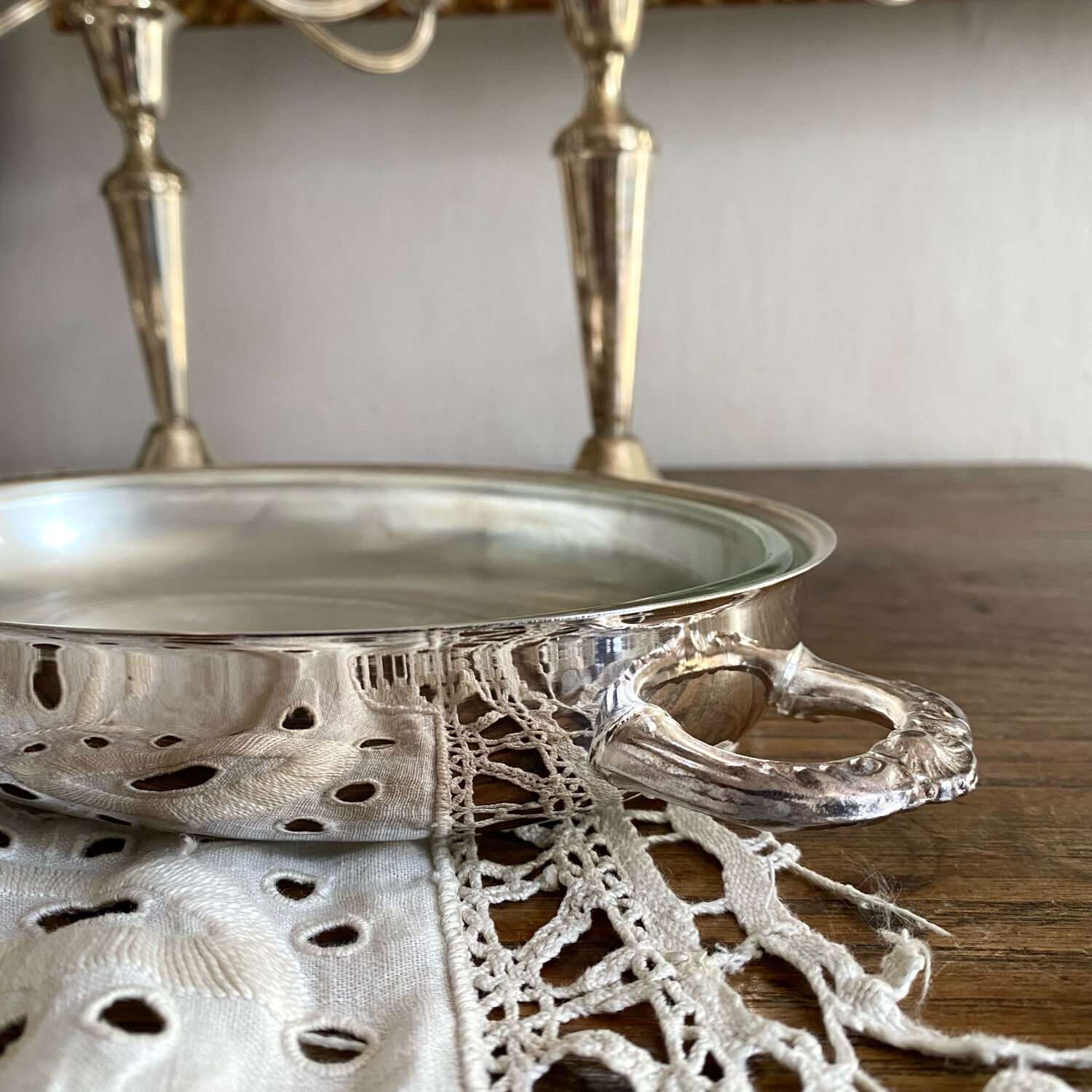 Oval silver-plated metal and glass dish