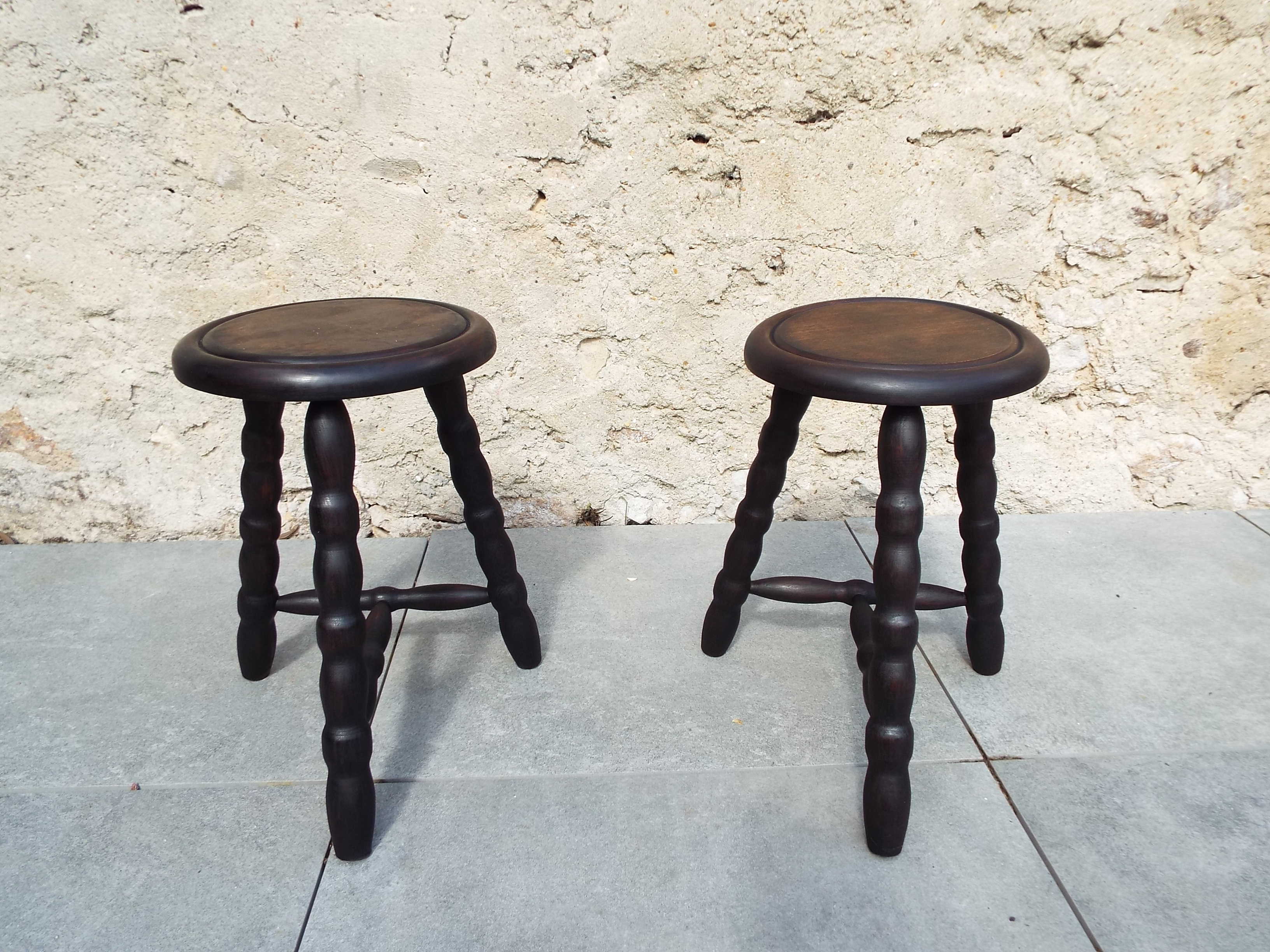 Pair of turned wooden tripod stools