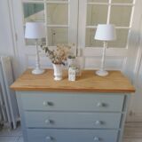 Re-enchanted chest of drawers in verdigris, wooden top protected by varnish. 3 t furniture