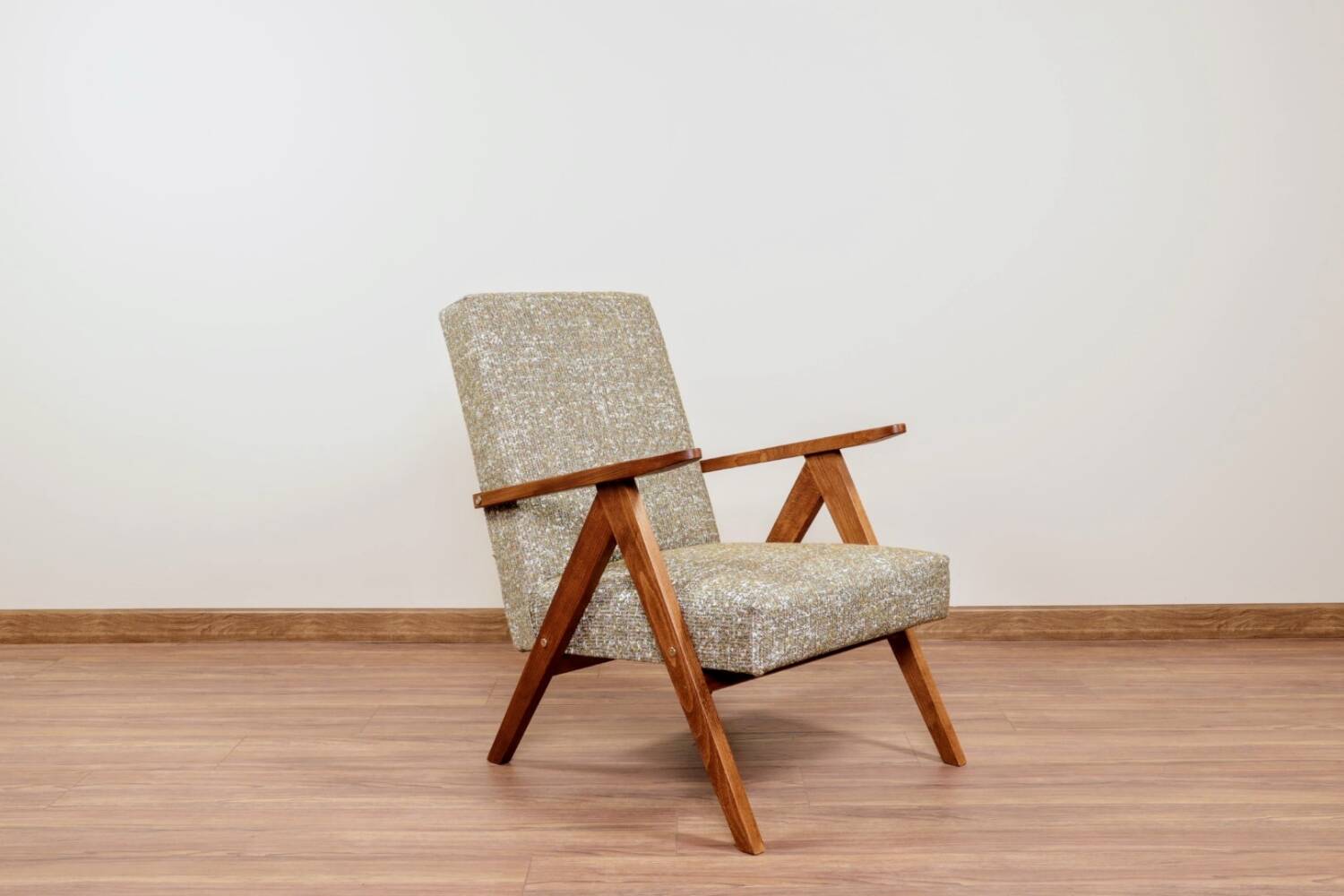 Vintage armchair wooden lounge chair green braid upholstery