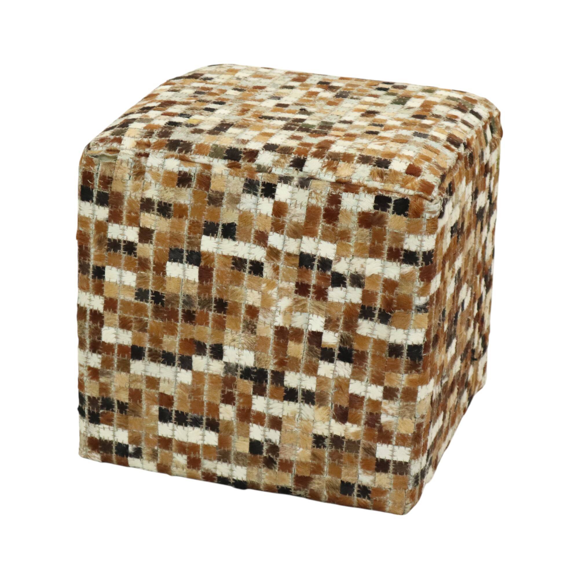 Vintage Square Pouf Goat Leather Patchwork Mosaic Pattern