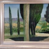 Huile sur toile « L'allée des cyprès », René Genis