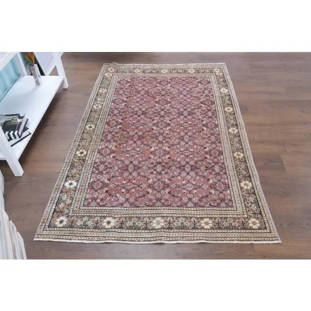 1970s Turkish Oushak Handmade Wool Cotton Pink Area Rug 112x175