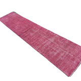 Distressed Turkish Narrow Runner 336 X 71 cm Wool Vintage rug, Over-dyed Pink