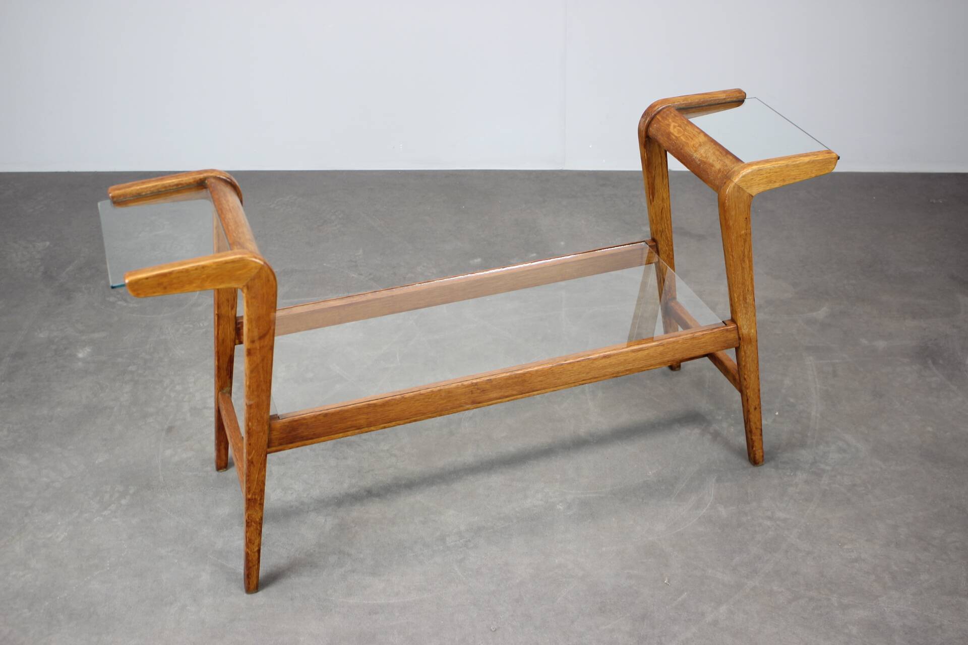 ULUV Mid-century wooden plant stand with glass shelf, Czechoslovakia, 1960s