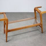 ULUV Mid-century wooden plant stand with glass shelf, Czechoslovakia, 1960s