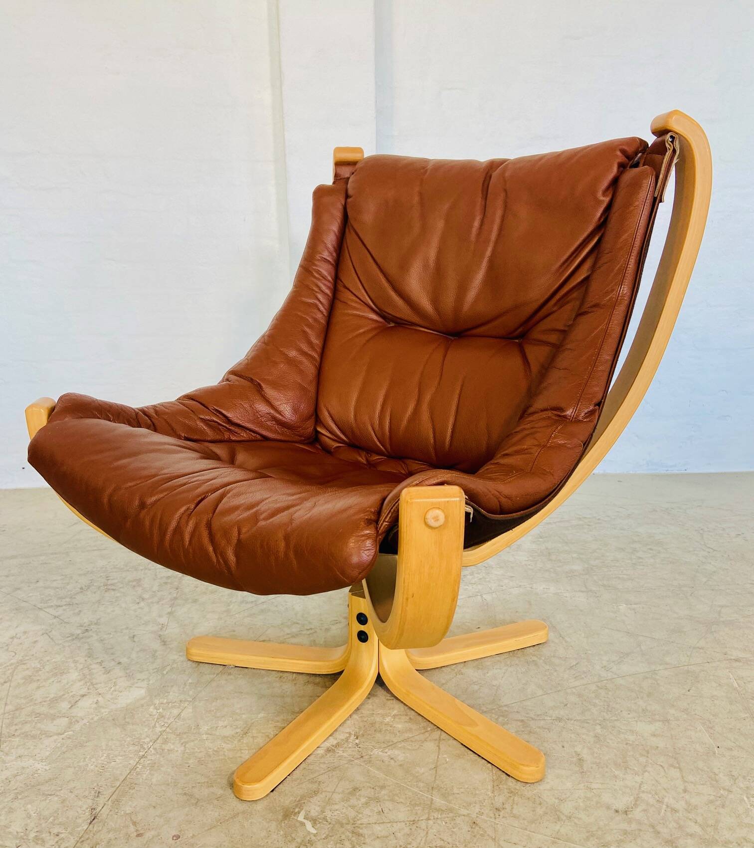 Svend Skippers vintage retro cognac leather swivel chair set 1970s