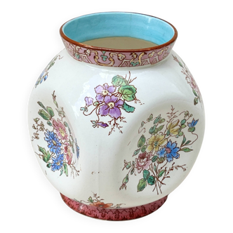 Ancien vase boule forme libre faïence de Longwy XIXe céramique fleurs