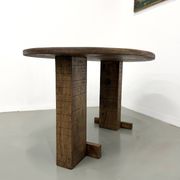 Oval table with T-shaped legs, solid oak, student woodworking project.
