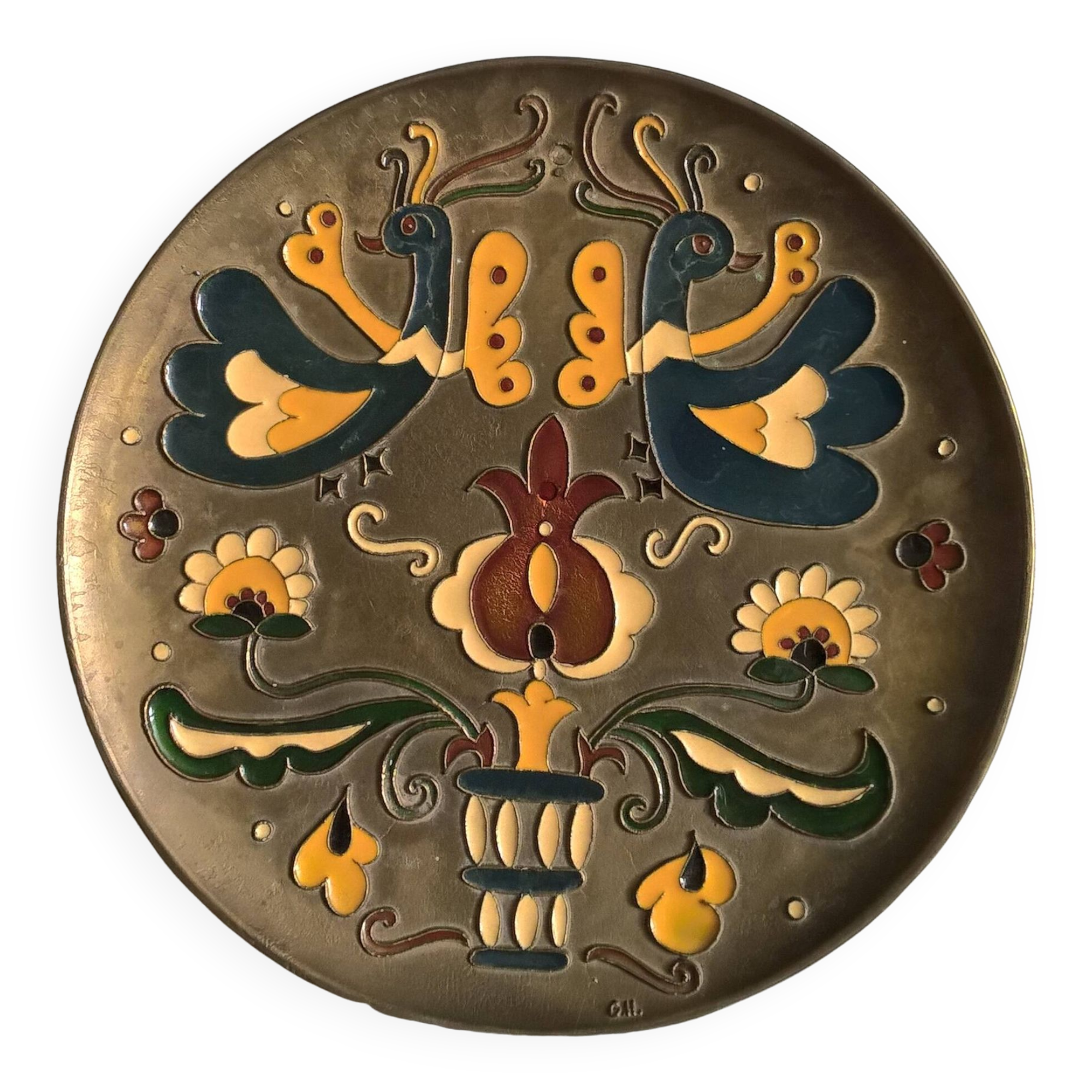 Old decorative brass and enamel wall plate signed GH