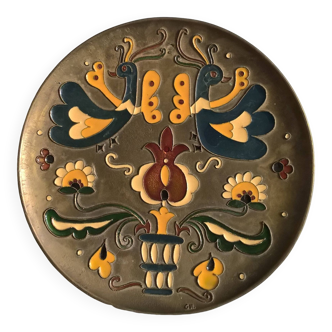 Old decorative brass and enamel wall plate signed GH