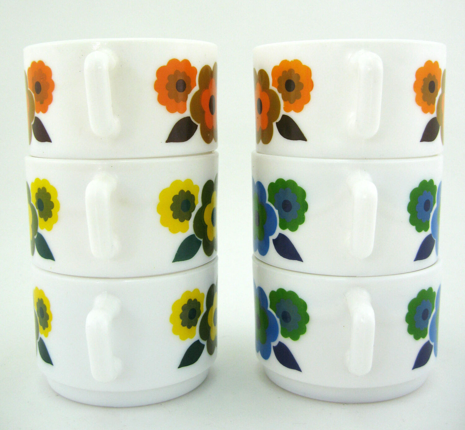 6 cups lotus arcopal france - orange, blue and yellow pop flower patterns - vintage 70s