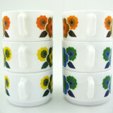 6 cups lotus arcopal france - orange, blue and yellow pop flower patterns - vintage 70s