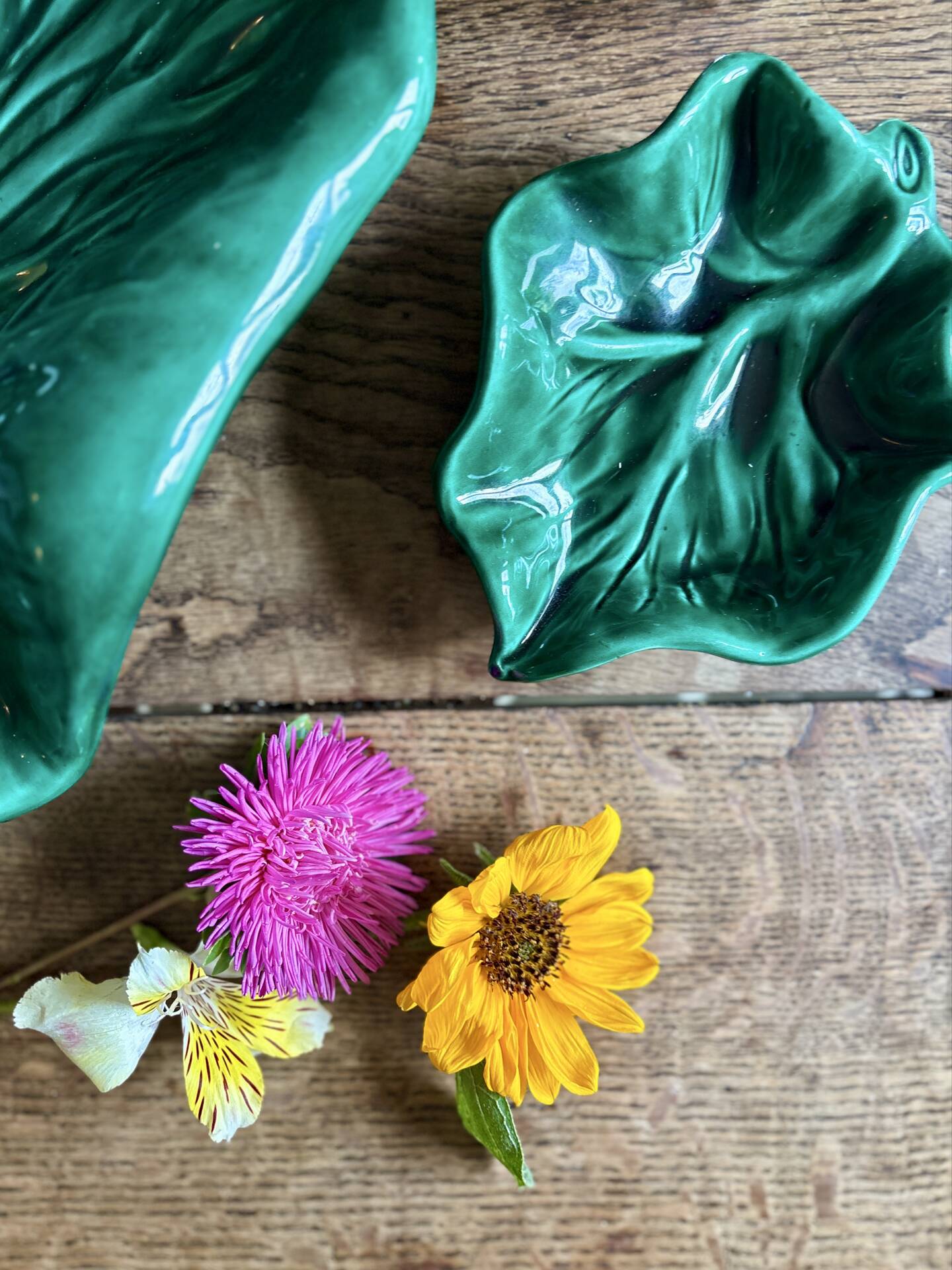 Set of 2 vintage leaf-shaped dishes in majolica.