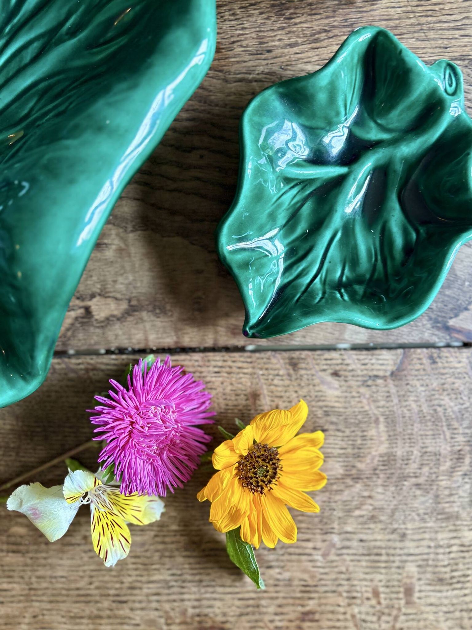 Set of 2 vintage leaf-shaped dishes in majolica.