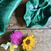 Set of 2 vintage leaf-shaped dishes in majolica.
