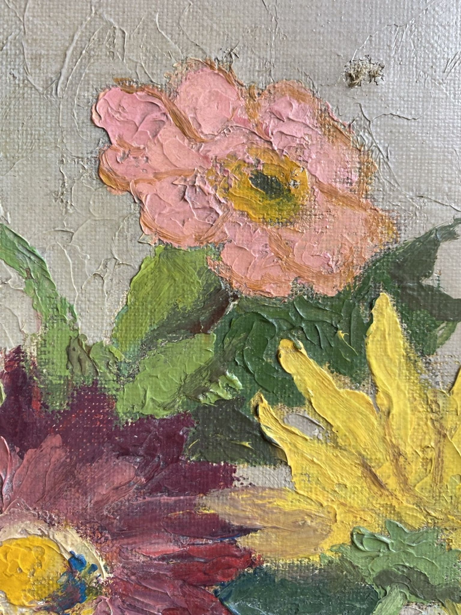 Antique painting, still life with blue vase and flowers, mid-20th century