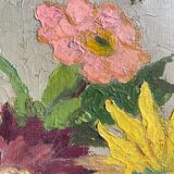 Antique painting, still life with blue vase and flowers, mid-20th century