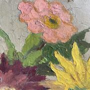 Antique painting, still life with blue vase and flowers, mid-20th century