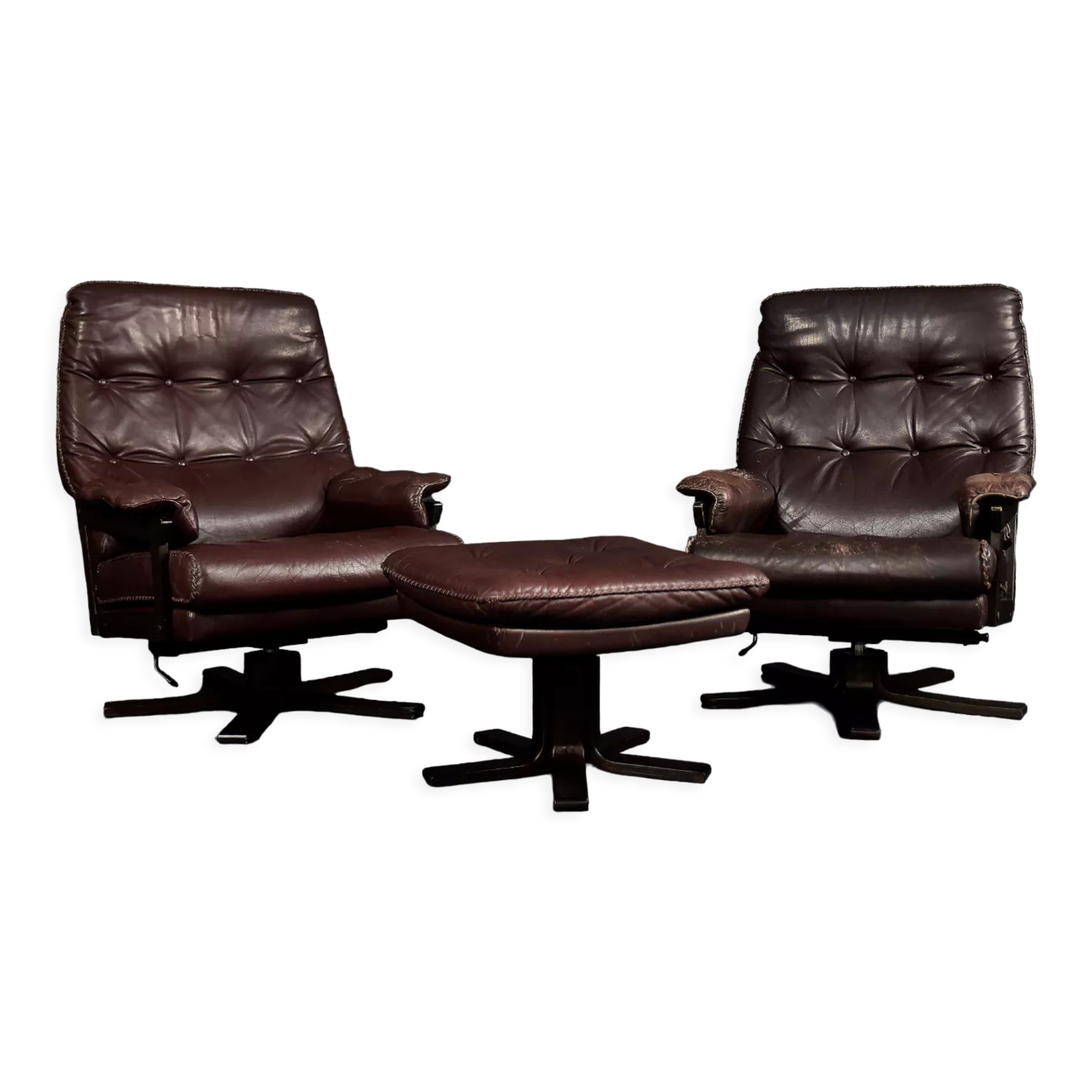 Vintage Mid-Century Scandinavian Modern Brown Leather Executive Swivel Chair & Ottoman, 1970s