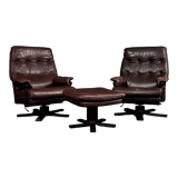 Vintage Mid-Century Scandinavian Modern Brown Leather Executive Swivel Chair & Ottoman, 1970s