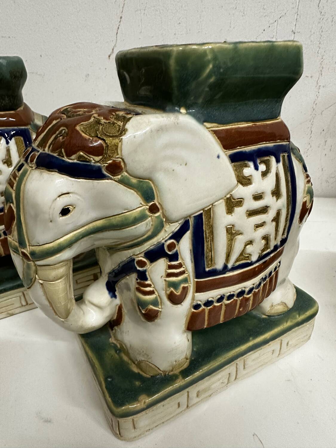 Pair of ceramic elephant plant stands polychrome sculpture - India