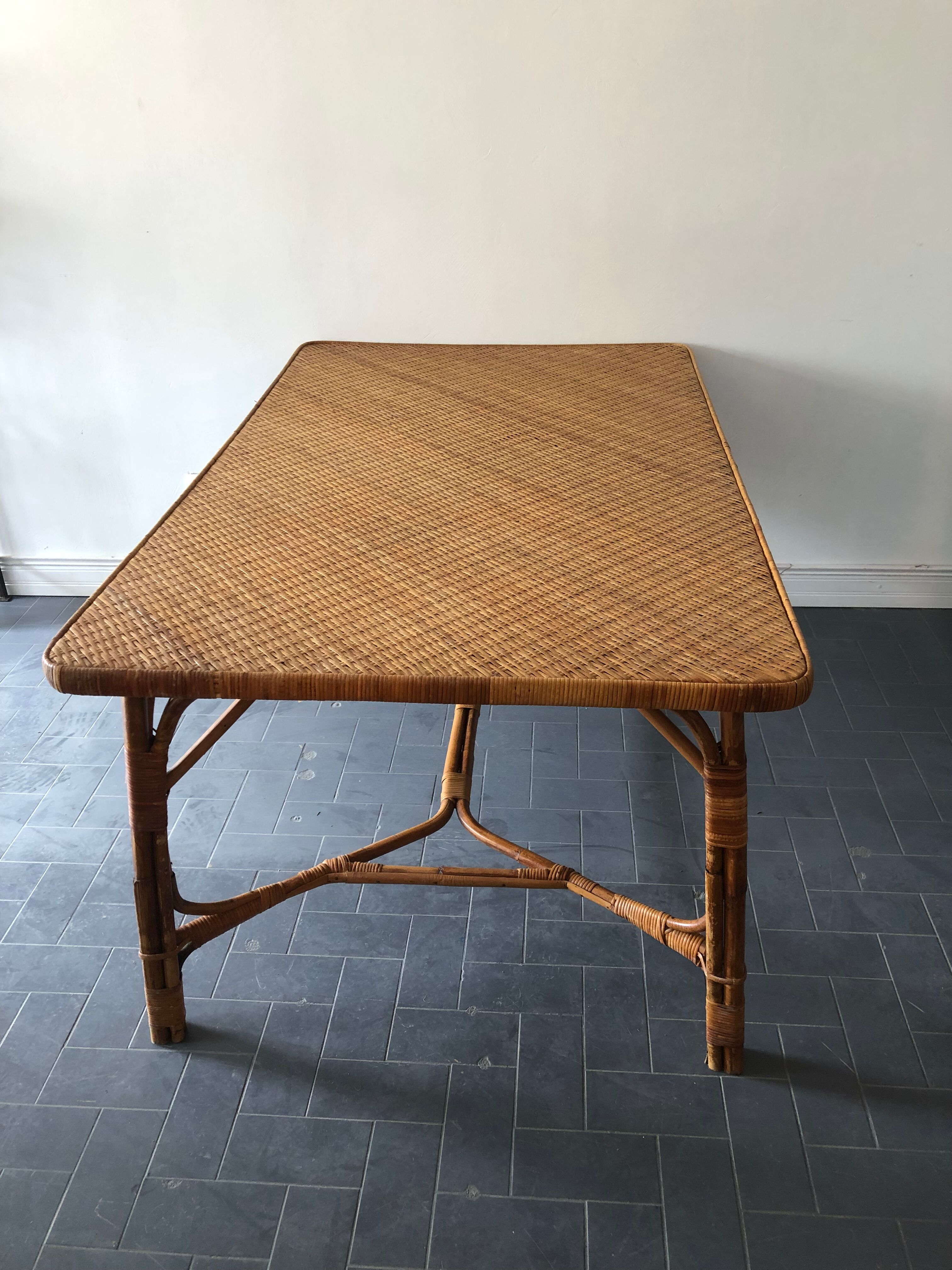 Vintage rattan table 6 people by Louis Sognot