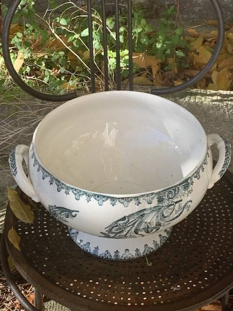 Soup tureen base, old salad bowl, iron earth with blue iris pattern, 19th century, collector's item