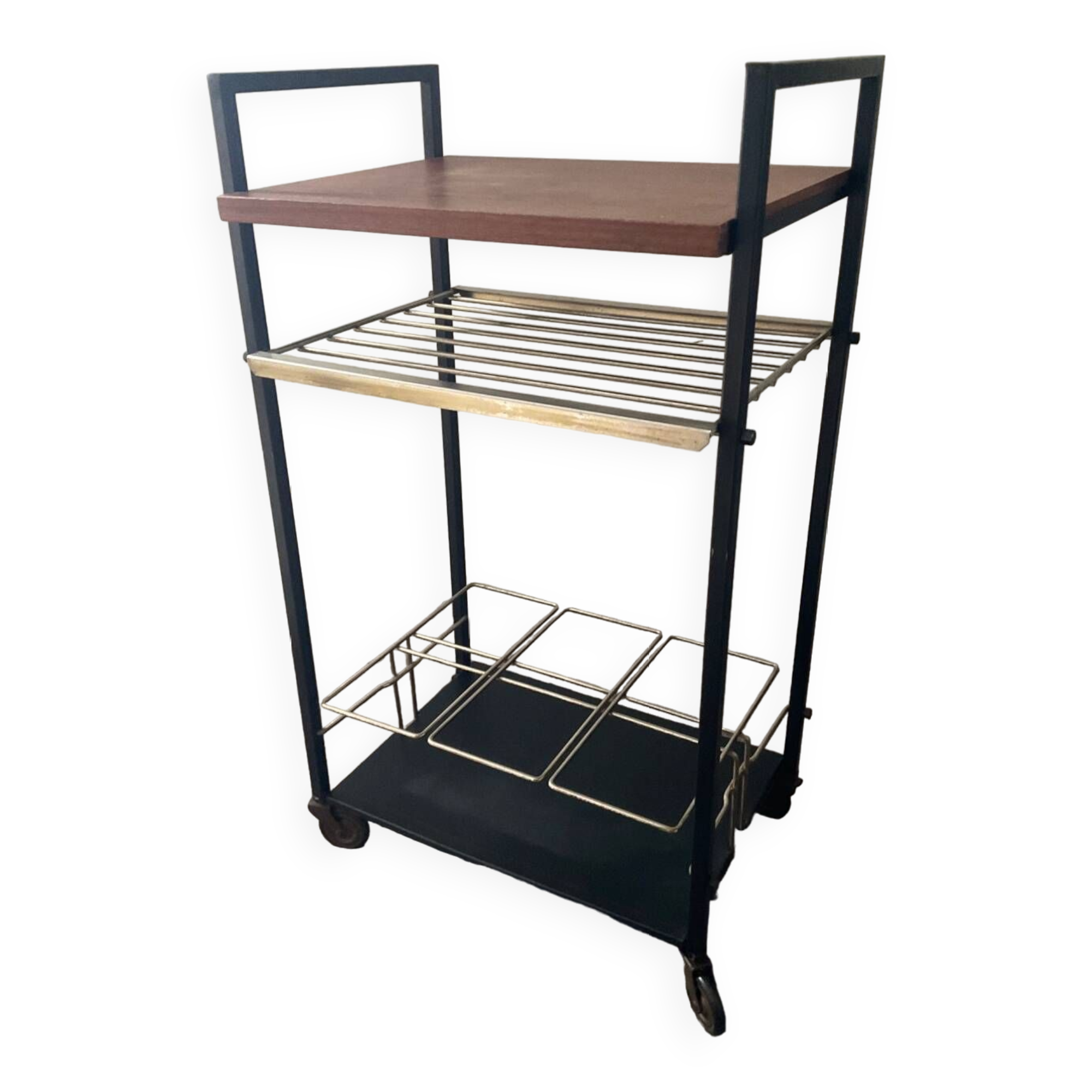 Vintage teak and metal bar trolley