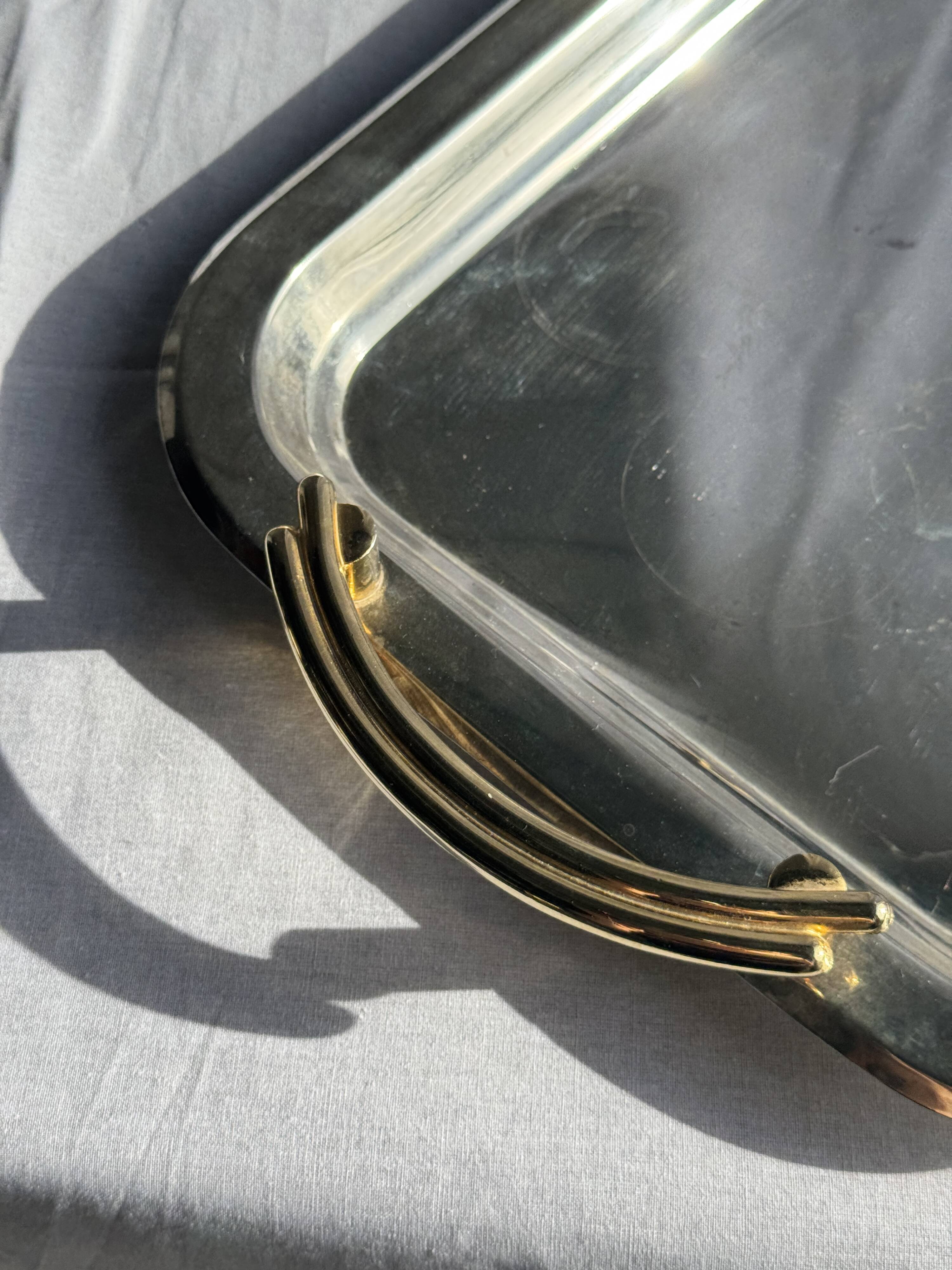 Silver-plated vintage tray with golden handles 29x45
