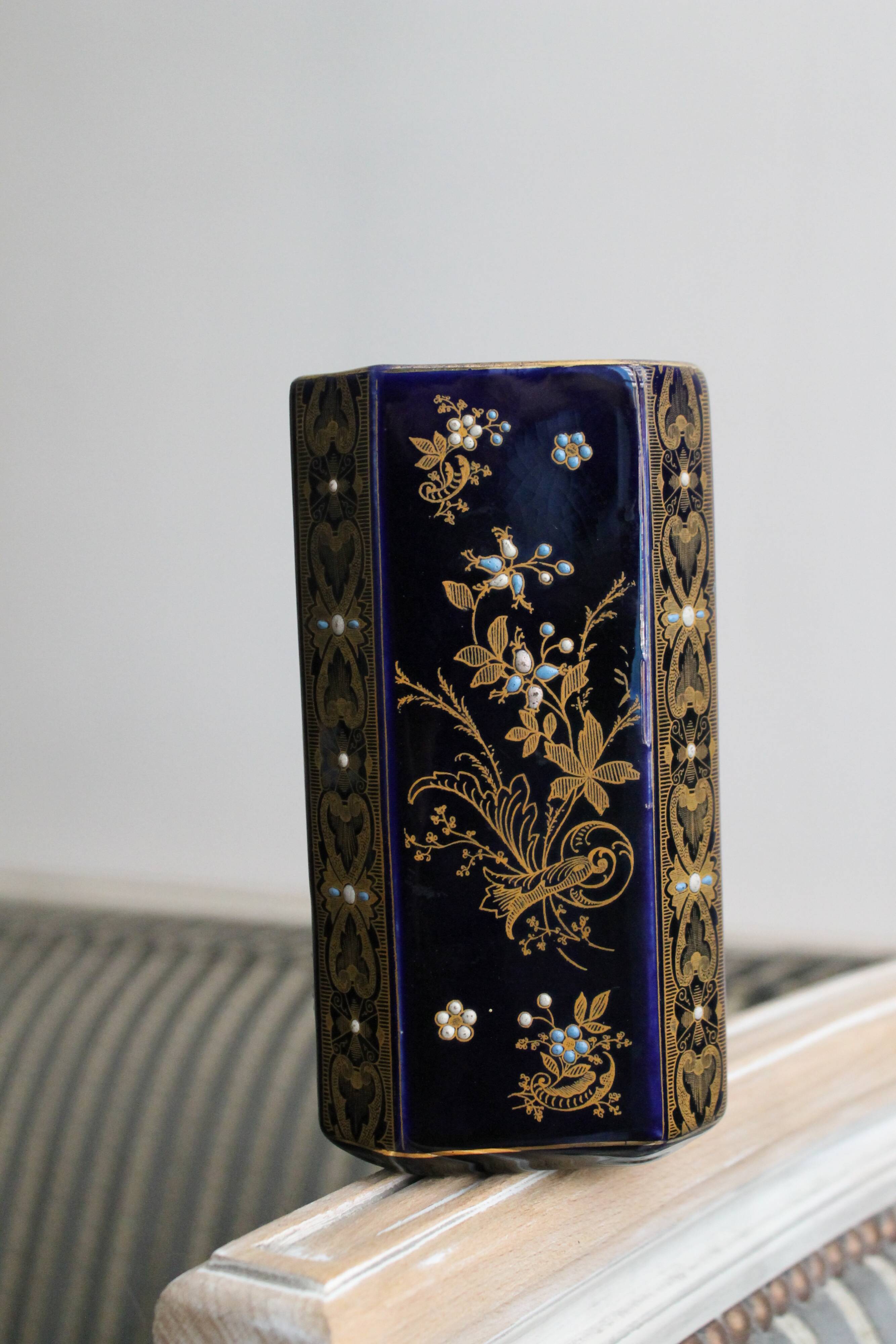 Gien navy blue and gold ceramic vase