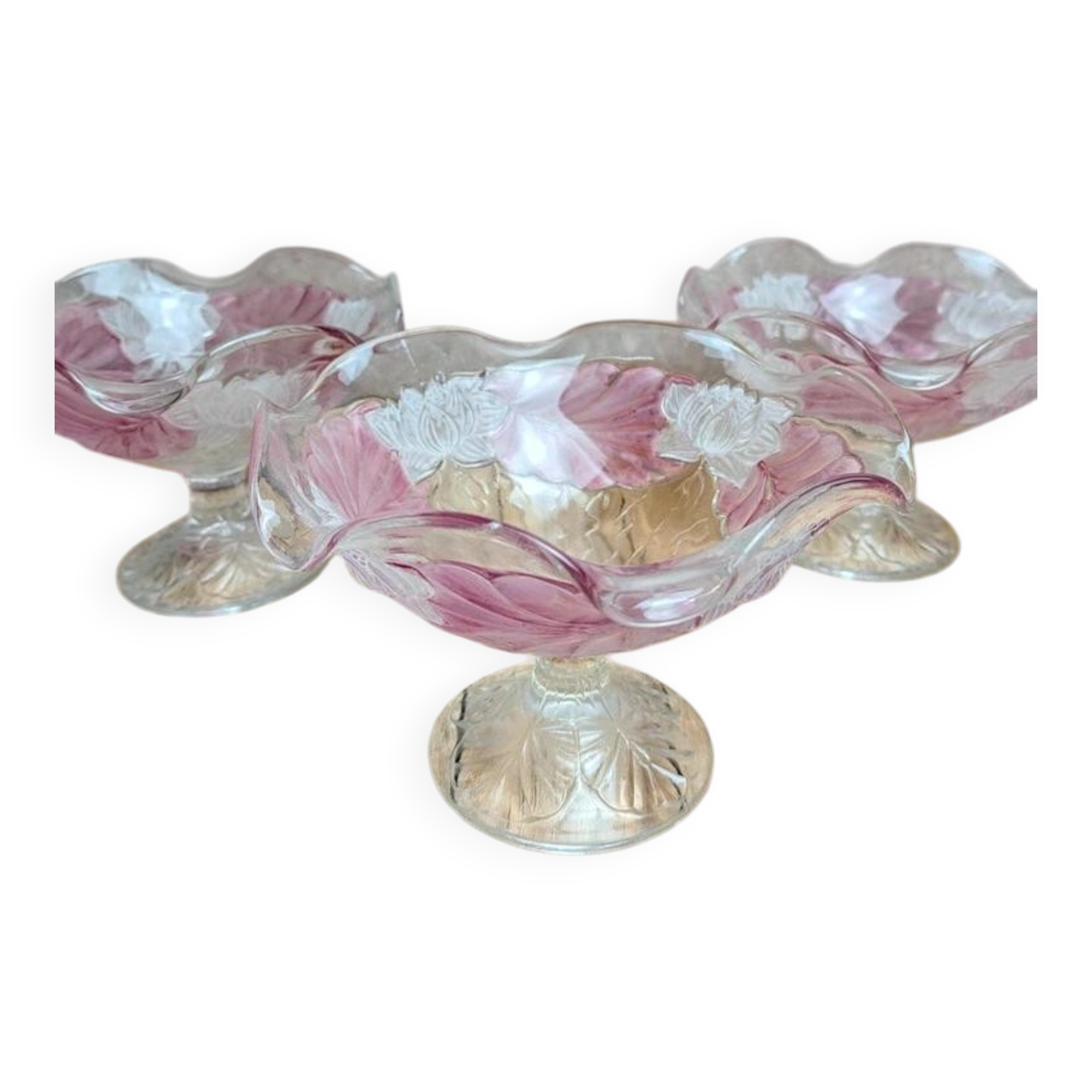 Set of 3 vintage pressed glass bowls with pink floral decoration.