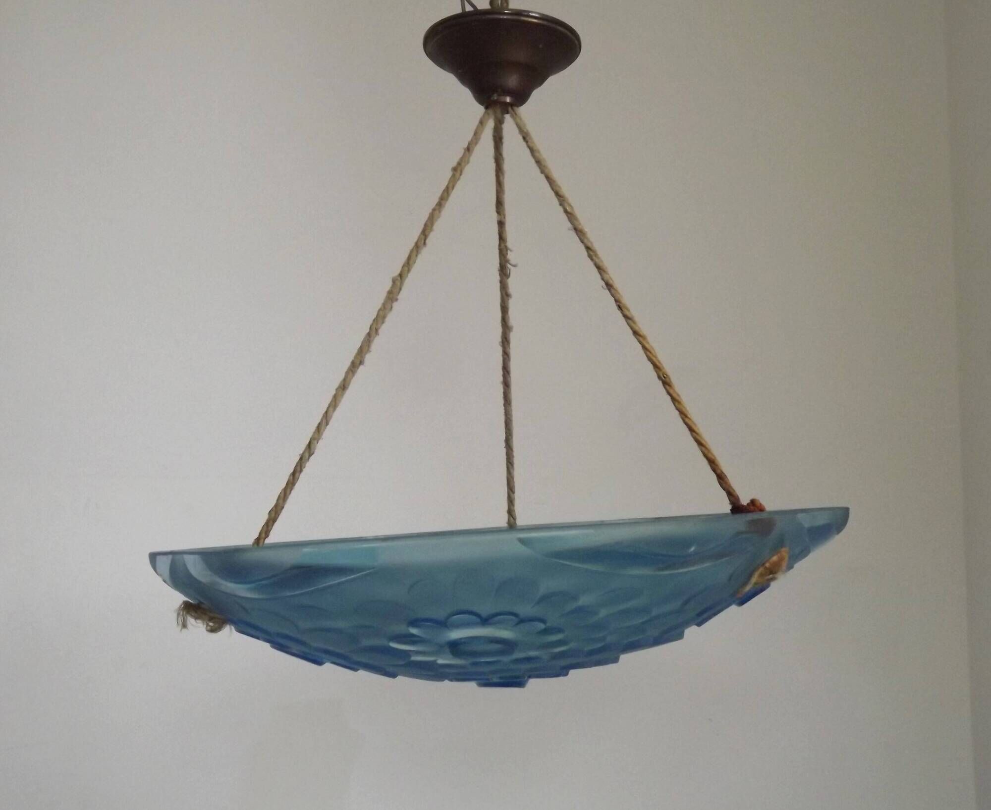 French Art Deco Degué Ice Blue Hexagonal Glass Pendant Ceiling Light
