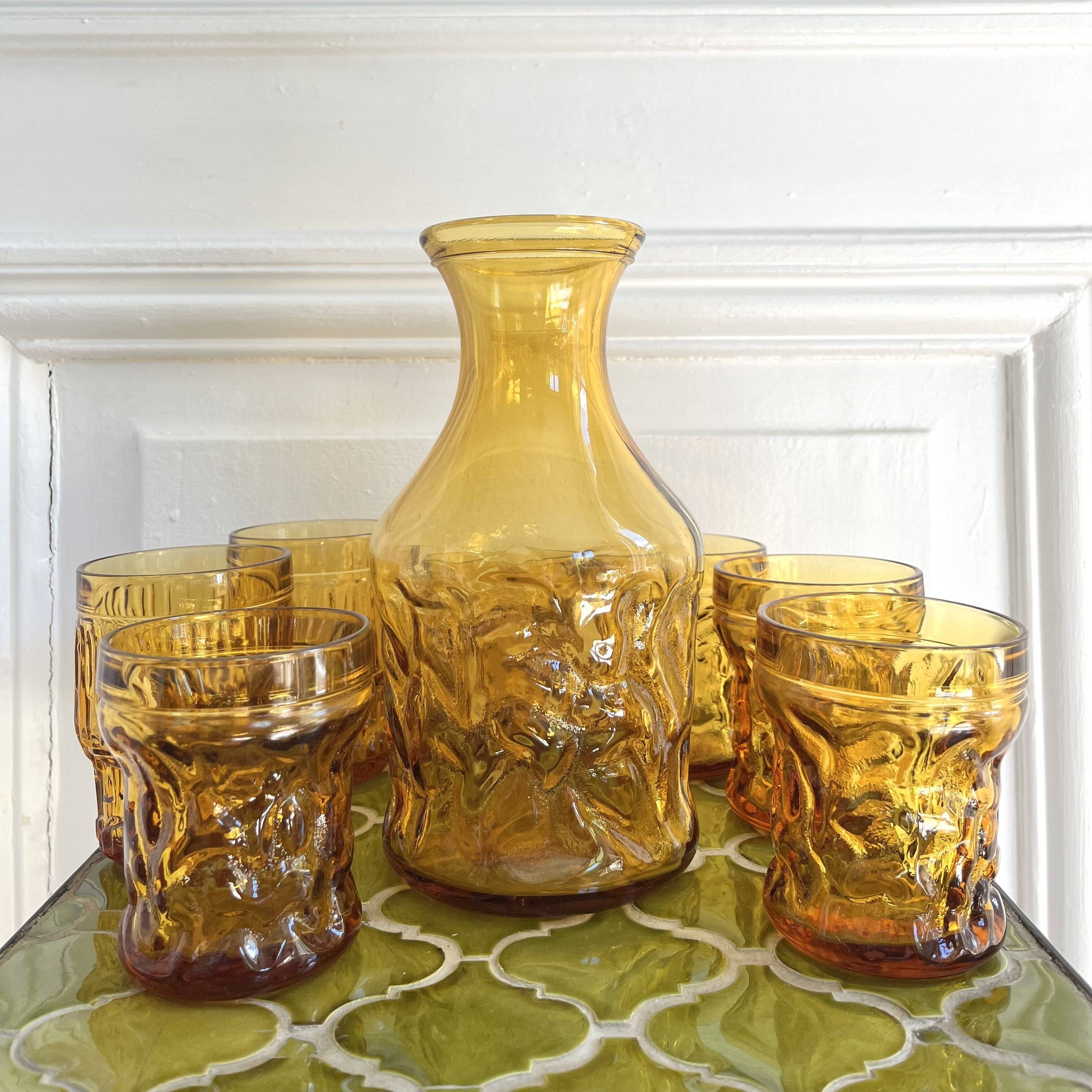 7 amber glasses and carafe Italy 70s