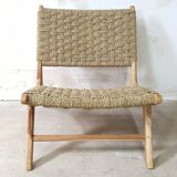 Pair of low armchairs in wood and woven rattan
