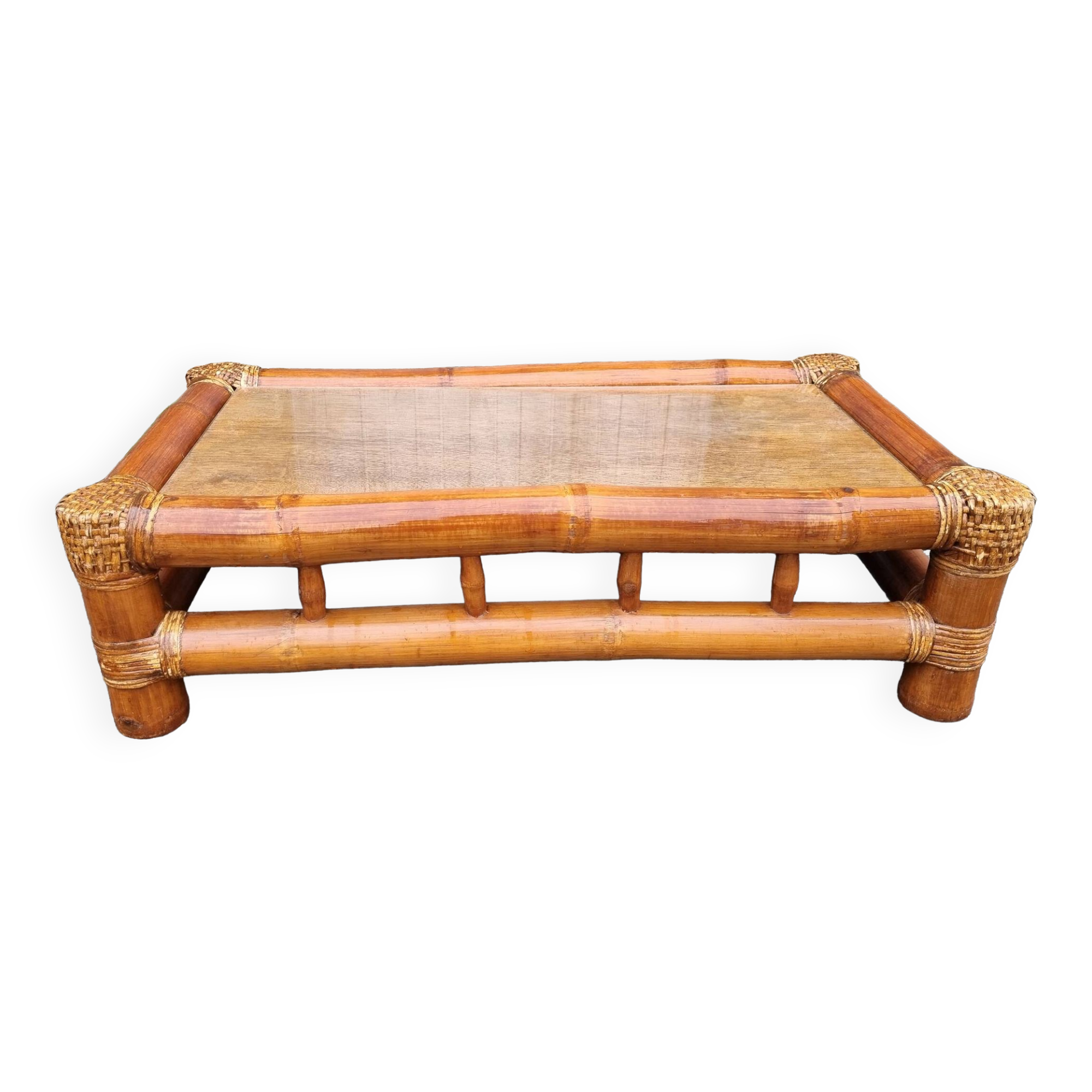 Bamboo, rattan and glass coffee table, 80s