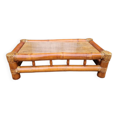 Table basse bambou, rotin et verre, années 80