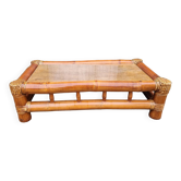 Table basse bambou, rotin et verre, années 80