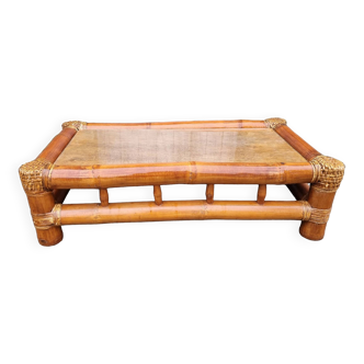 Table basse bambou, rotin et verre, années 80