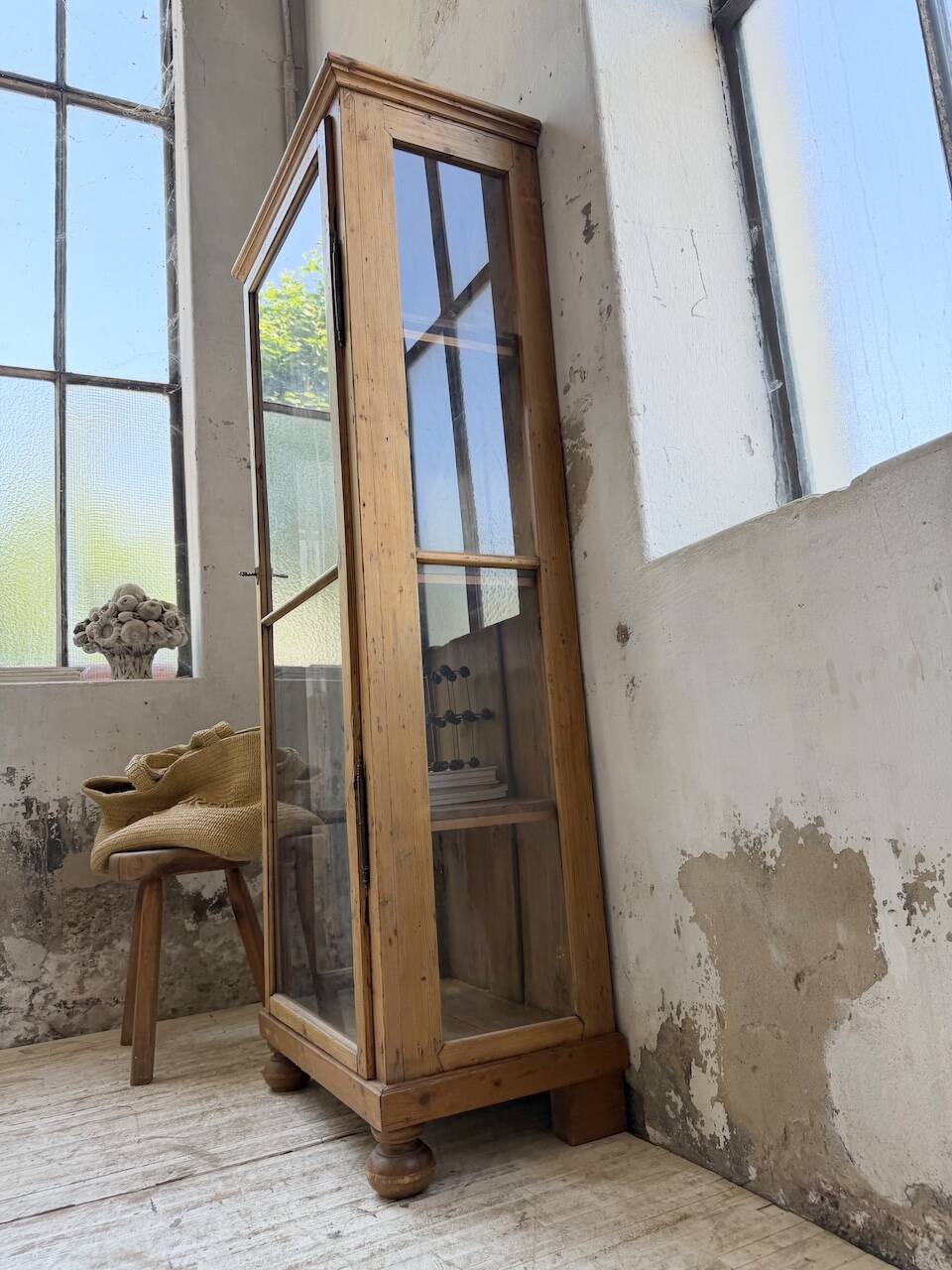 19th-century English pine display cabinet