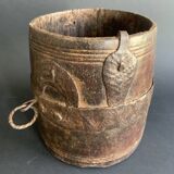 Large measuring pot in wood and old iron, 19th century folk art