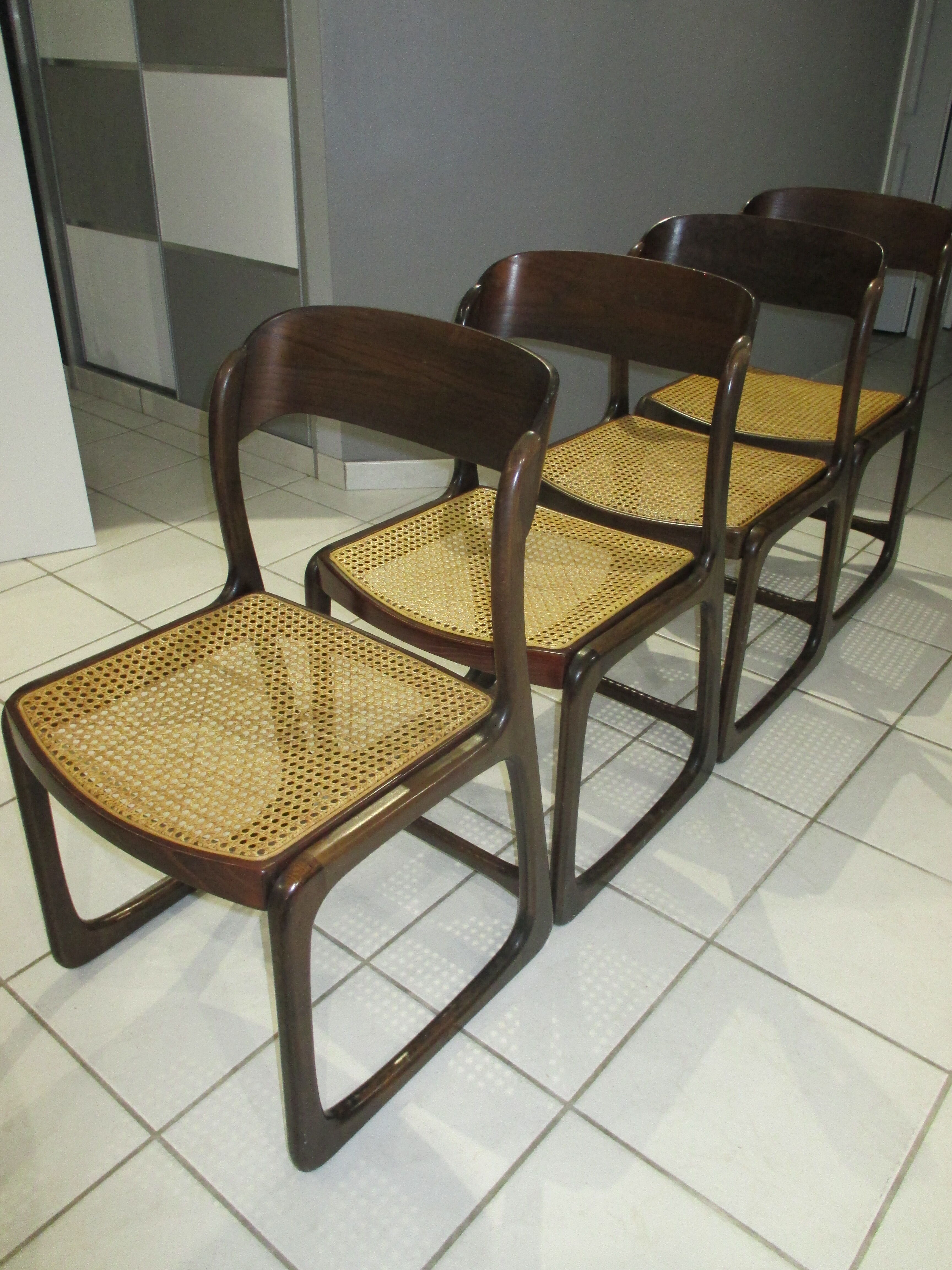 Set of 4 Baumann canned chairs model sled 1970