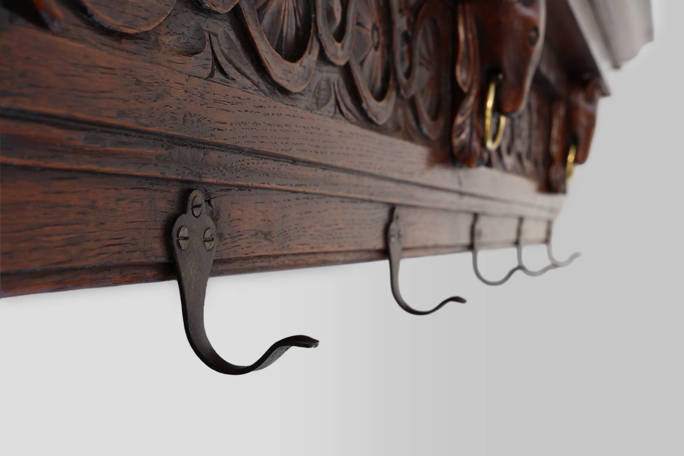 Large 18th Century Gothic solid oak hand carved coat rack, France