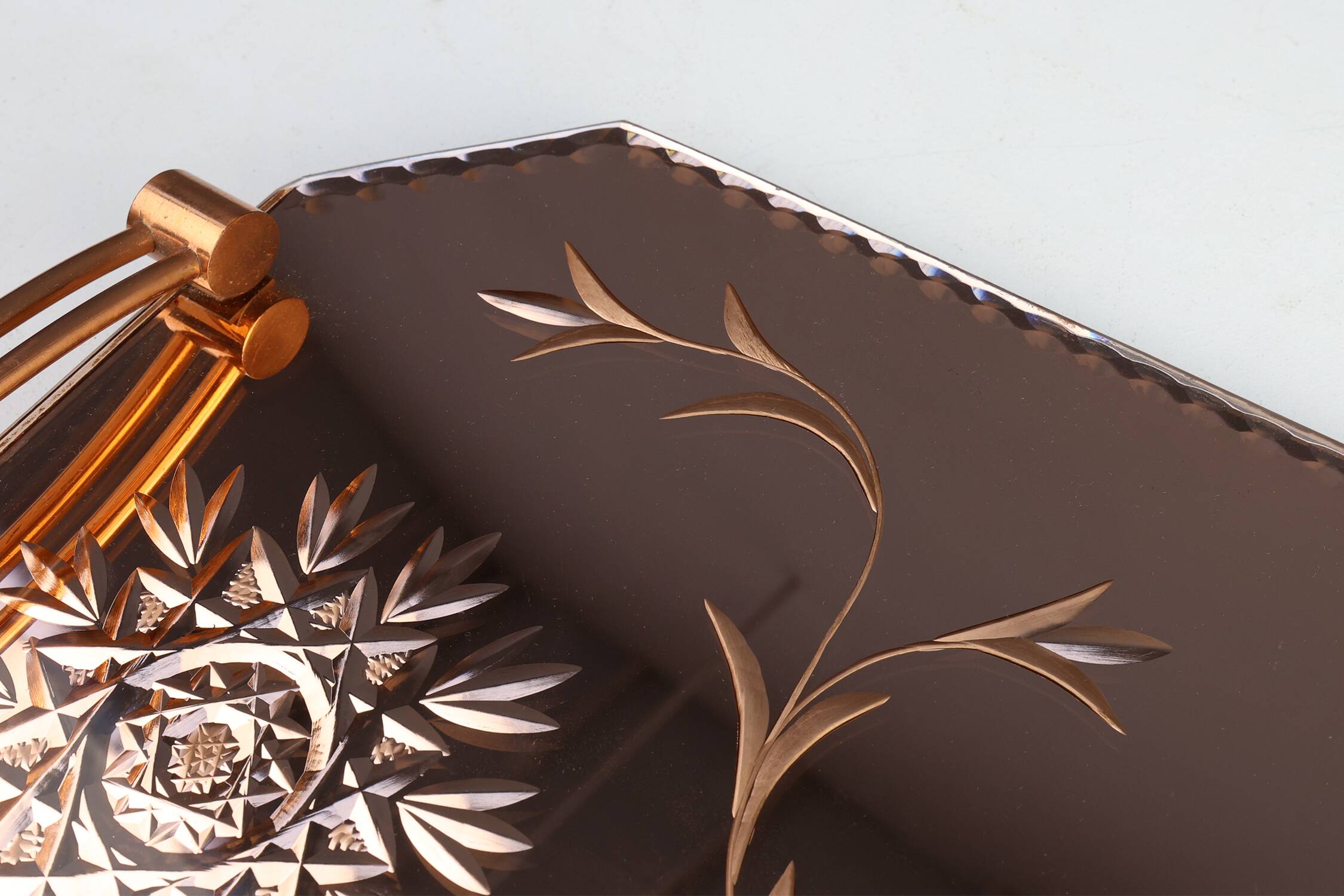 Art Deco Mirrored Glass and Copper Tray, Belgium ca. 1920