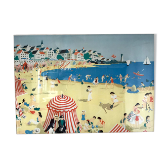 Affiche encadrée d'Hélène Poirié, la plage, 1950