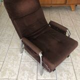 Fauteuil transat à système morris en velours côtelé chocolat vintage