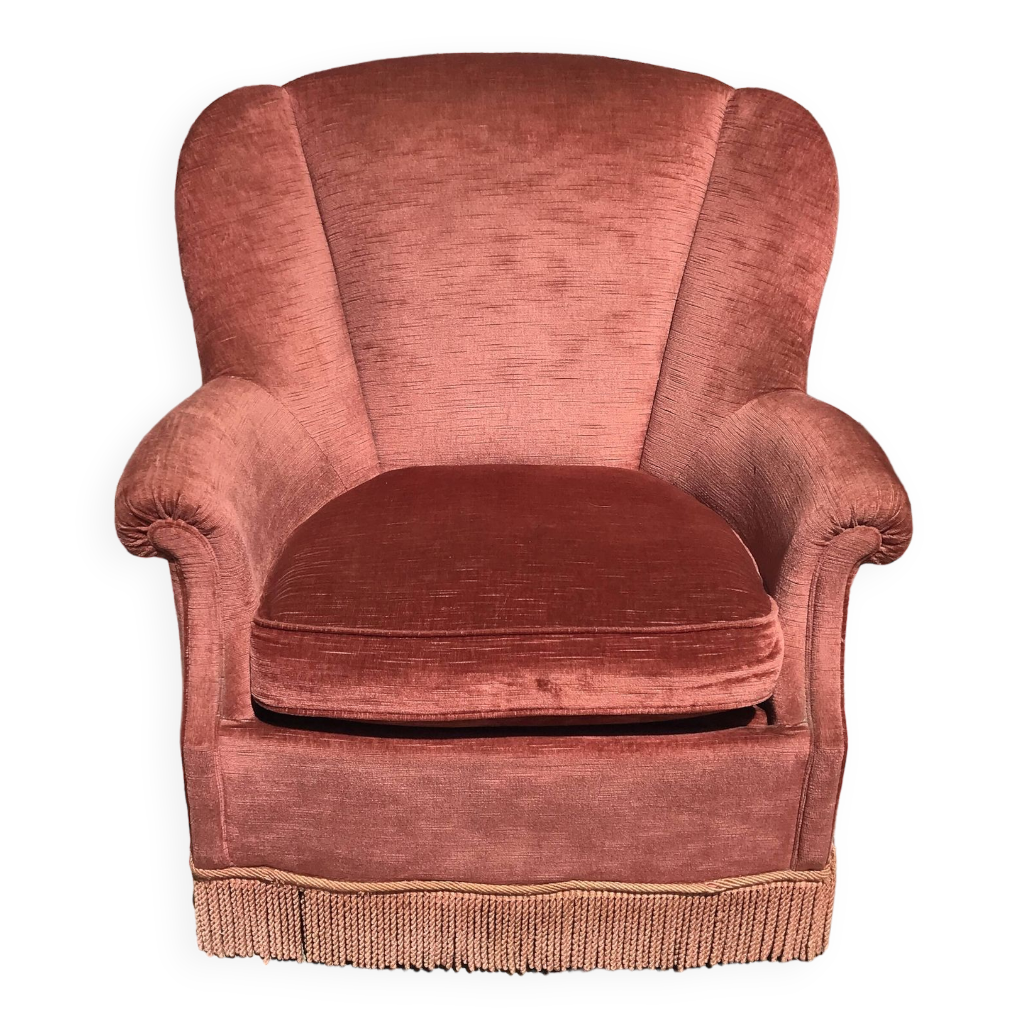 Vintage pink velvet armchair with fringes